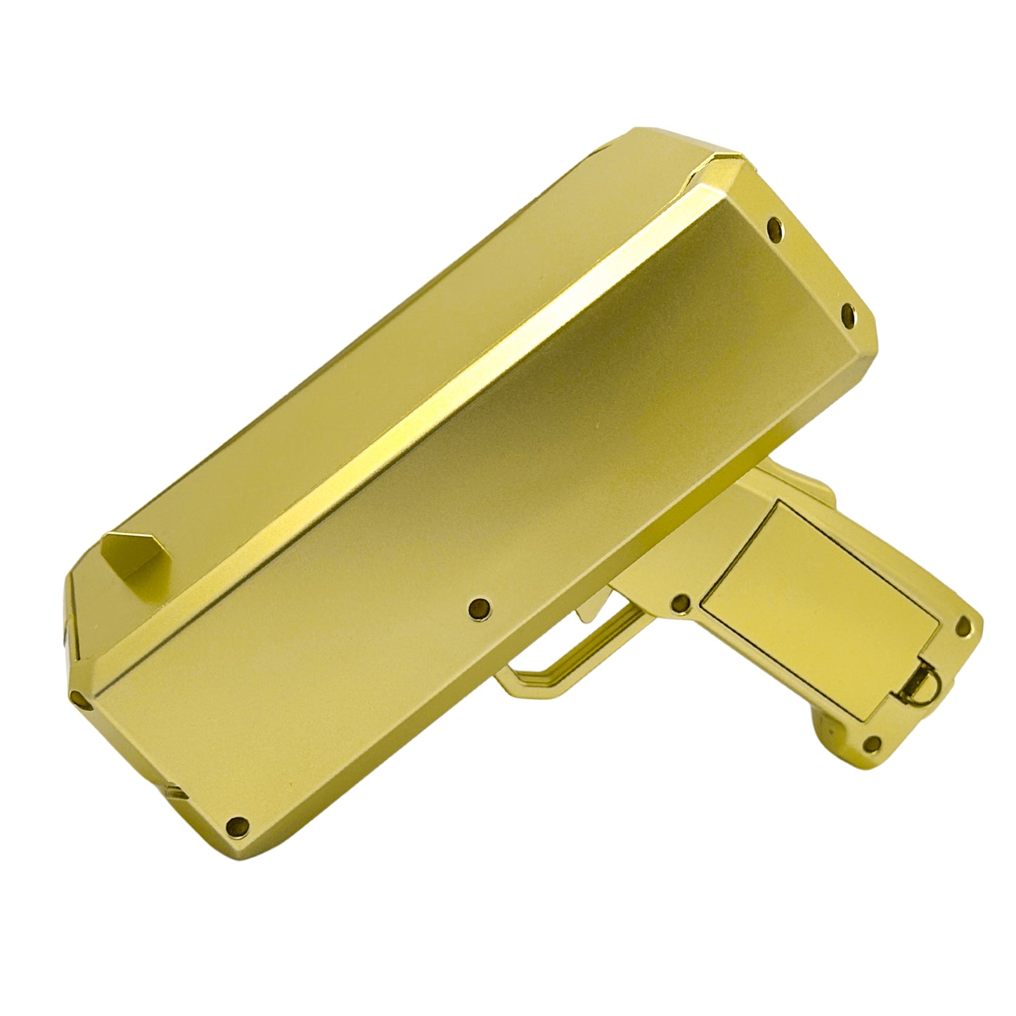 Gender Reveal Electric Card Spray Gun in metallic gold finish, featuring a sleek handheld design with rectangular storage compartment and trigger mechanism for launching celebration cards into the air during gender reveal parties