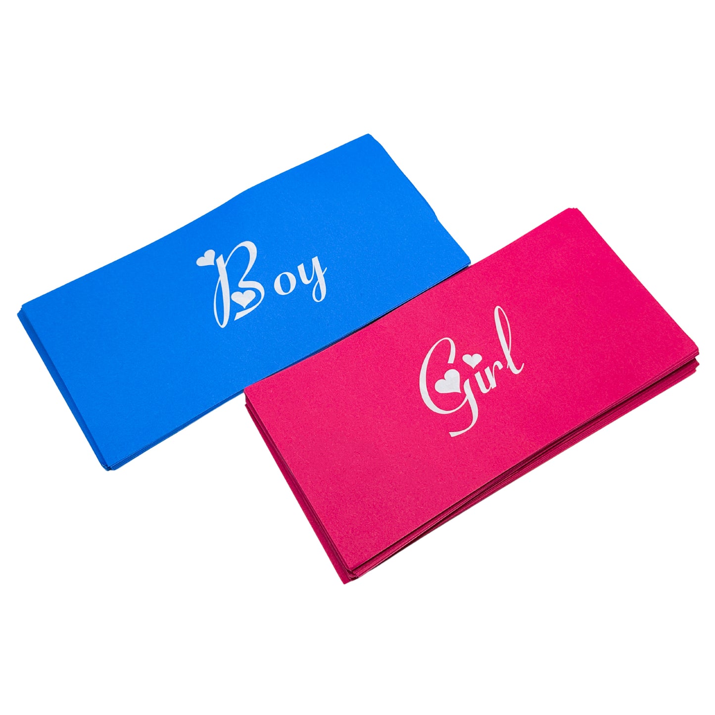 Gender Reveal Electric Card Spray Gun featuring pink and blue cards with 'Girl' and 'Boy' text in elegant white lettering, displayed side by side on a white background, showcasing gender reveal party accessories.