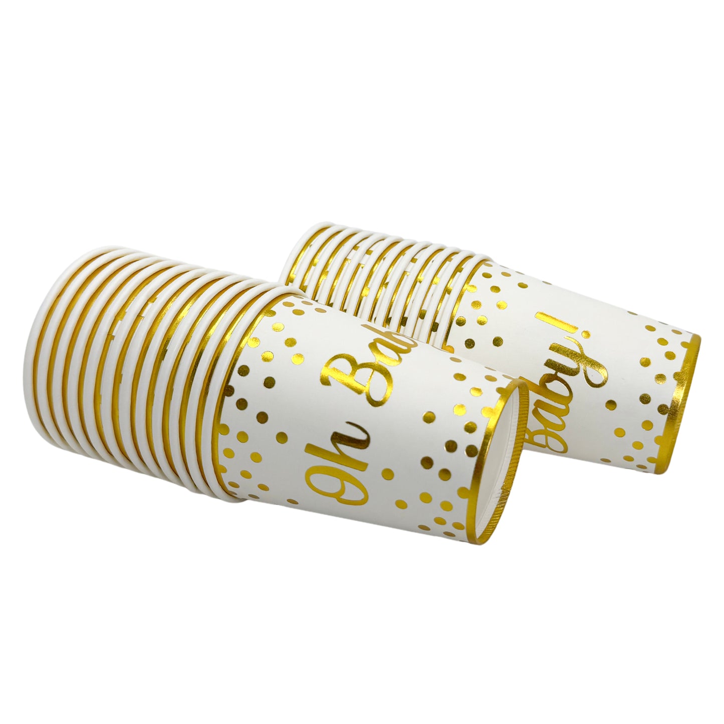 Oh Baby gender reveal cups with elegant gold stripes and polka dots on white background, stacked decoratively
