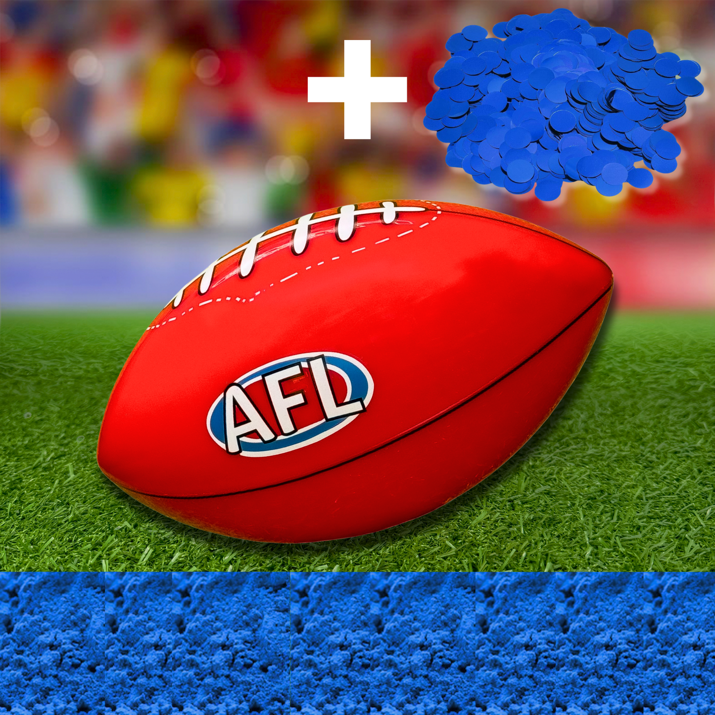Sports Gender Reveal AFL Ball featuring a red Australian Rules football on green turf with blue confetti powder for gender reveal celebrations. Traditional AFL ball logo and white laces visible against colorful blurred background.