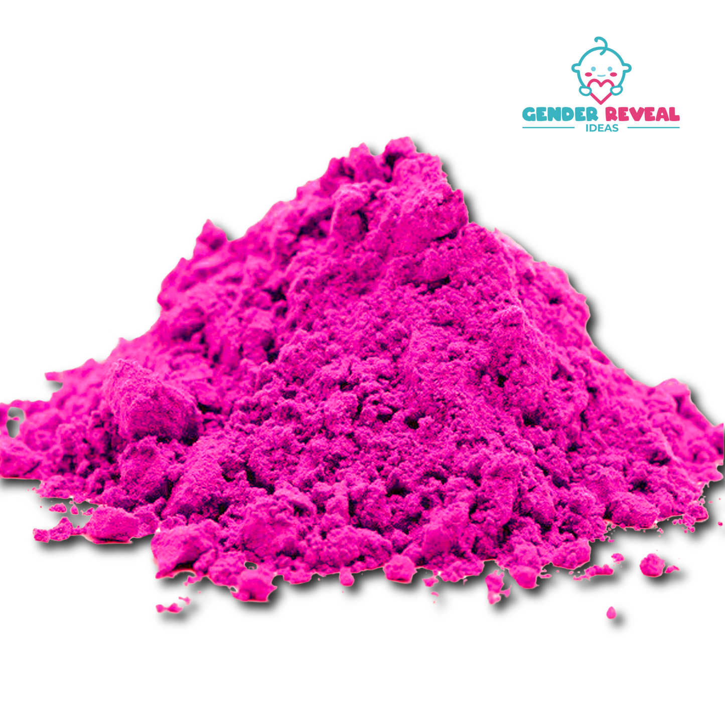 200g Gender Reveal BIO Powder shown as a vibrant pink powder pile with a textured, granular appearance against a white background, displaying its fine, loose consistency perfect for gender reveal celebrations and events.