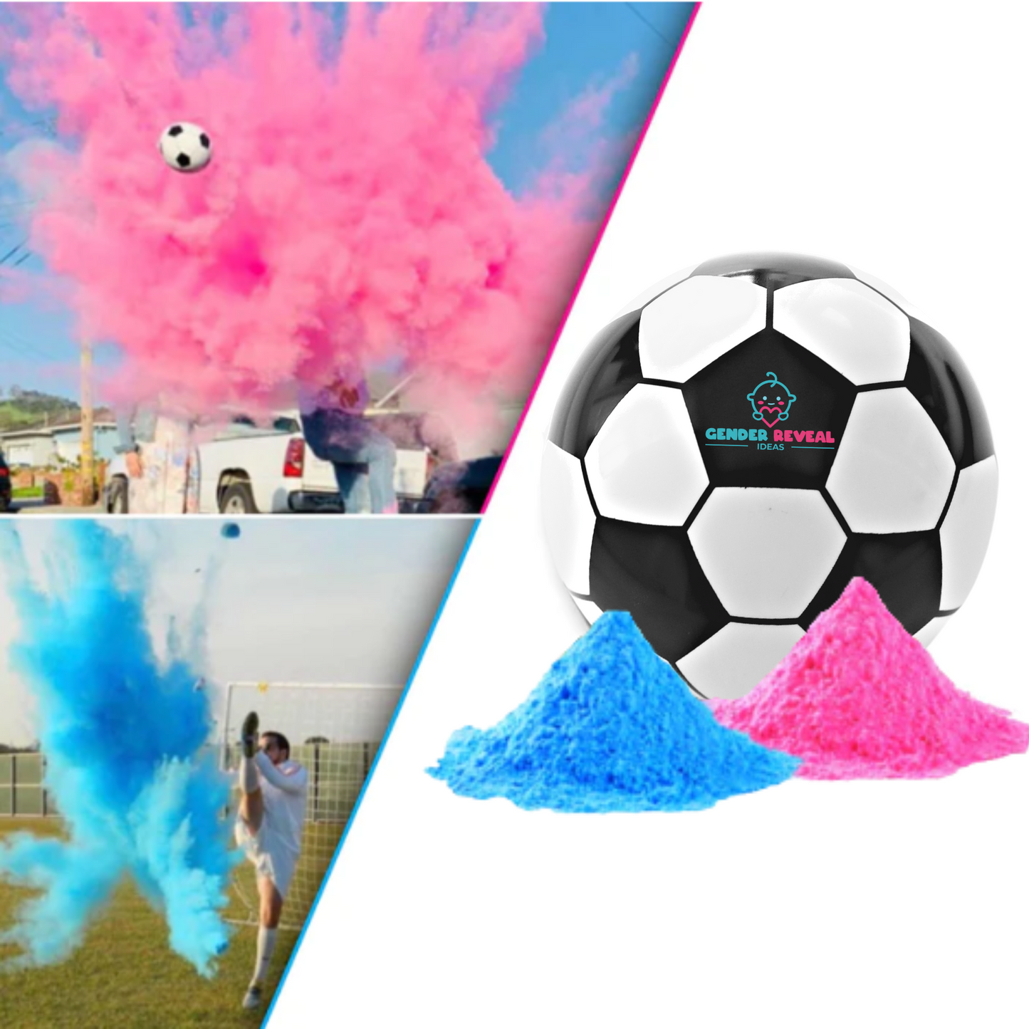 Sports Gender Reveal Soccer Ball shown with pink and blue powder explosions during reveal moments and product display featuring a black and white soccer ball with colored powder piles, demonstrating its use for exciting gender reveal celebrations