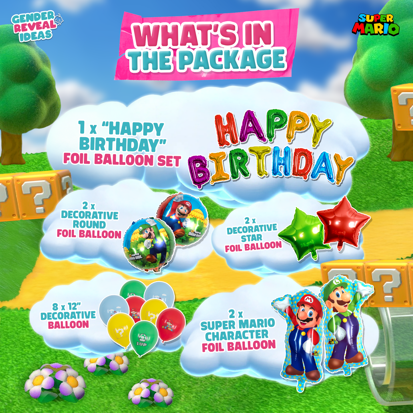 Vibrant Mario-themed balloon arrangement with character balloons, power-up icons, and classic game elements in bold red, blue, and yellow. Ideal for gaming parties and birthdays.