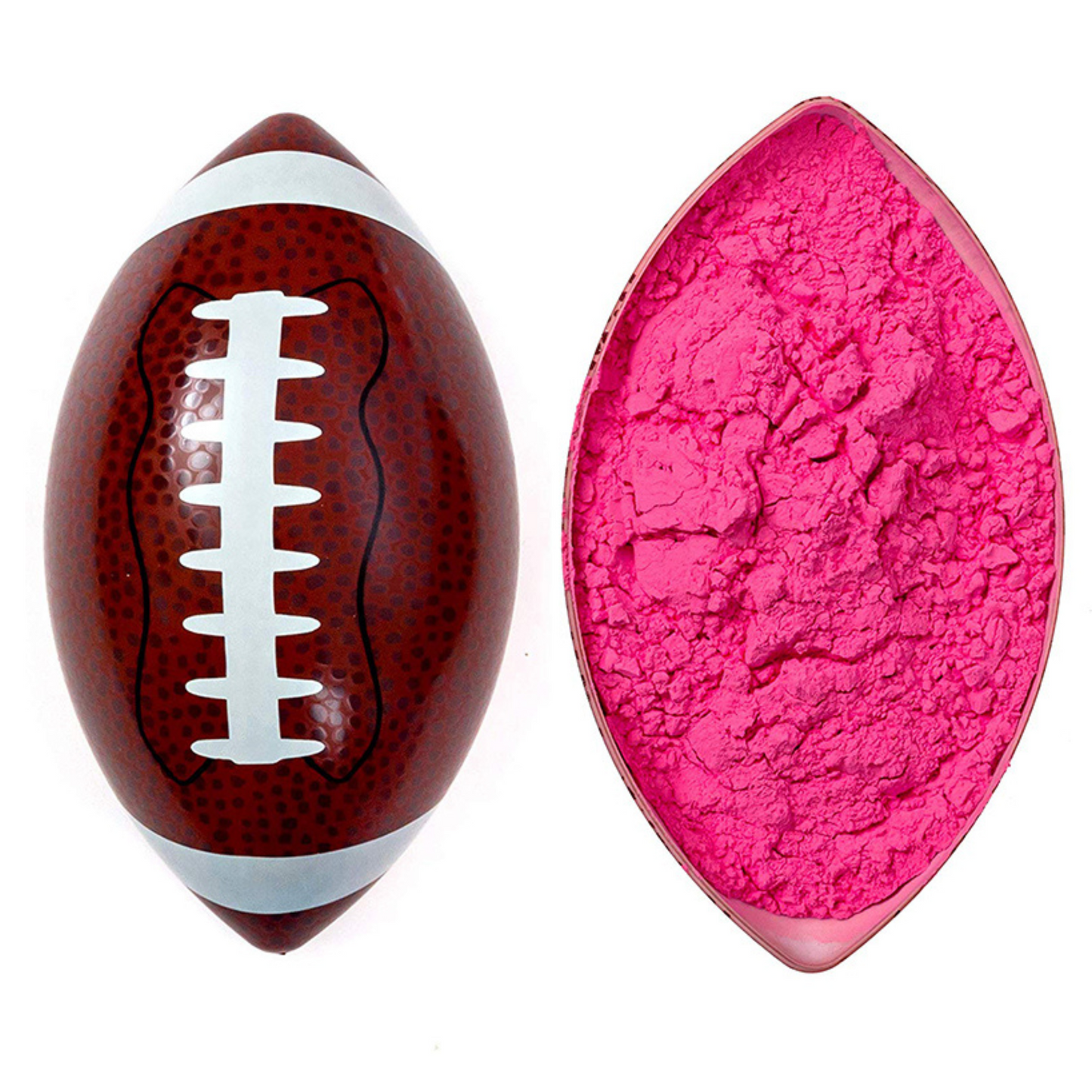Sports Gender Reveal NFL Ball featuring classic football design alongside bright pink powder packet, demonstrating the football-themed gender reveal set with unassembled components, perfect for sports-themed pregnancy announcements.