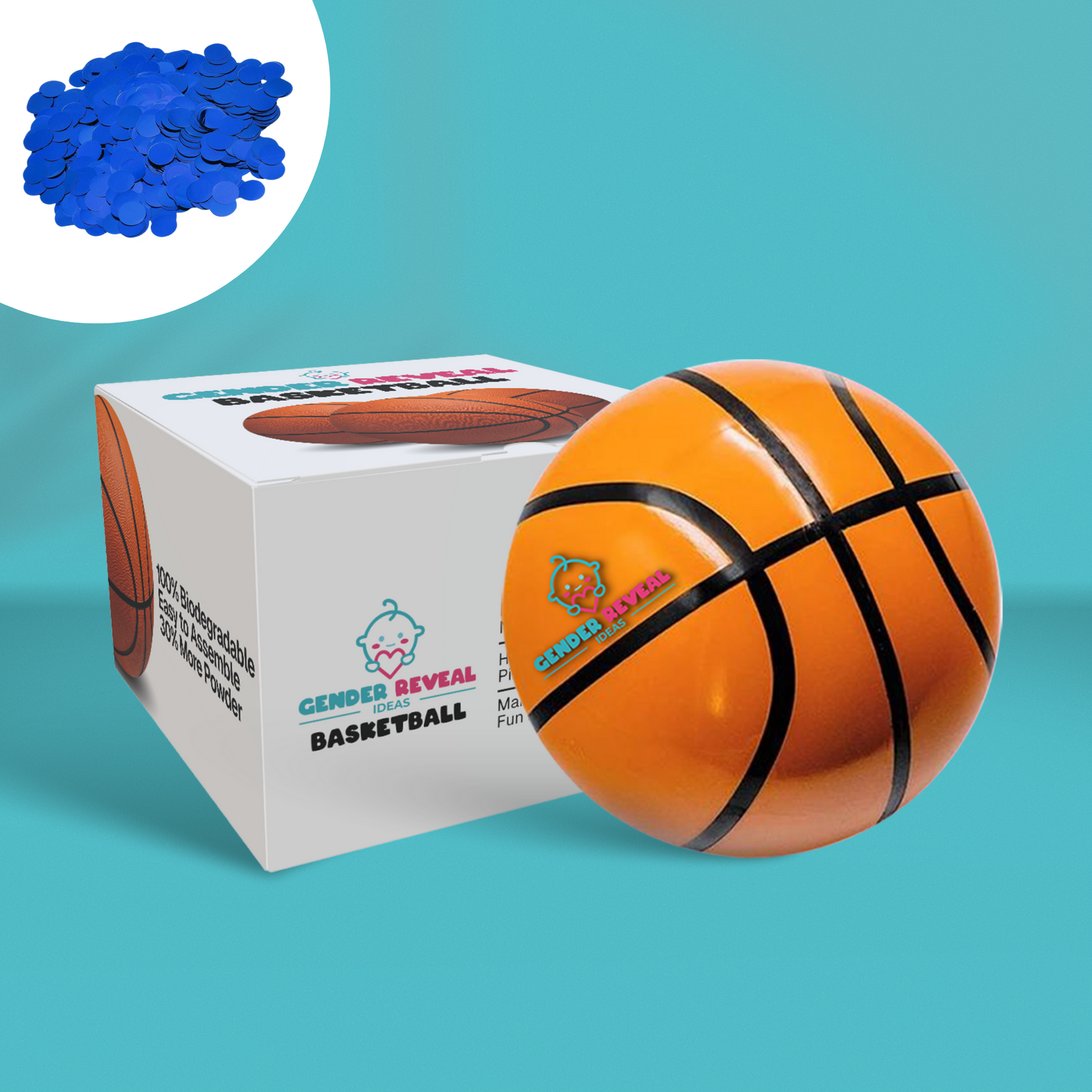 Gender Reveal Basketball with product box and blue powder packet displayed on turquoise background, showing traditional orange basketball with black stripes and branded packaging featuring basketball-themed design