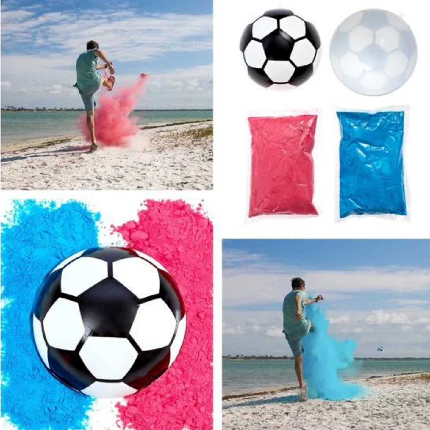 Sports Gender Reveal Soccer Ball featuring a classic black and white soccer ball with pink and blue powder packets for gender reveal celebrations. Product collage shows beach reveal moments, powder explosions, and included components for a memorable announcement.