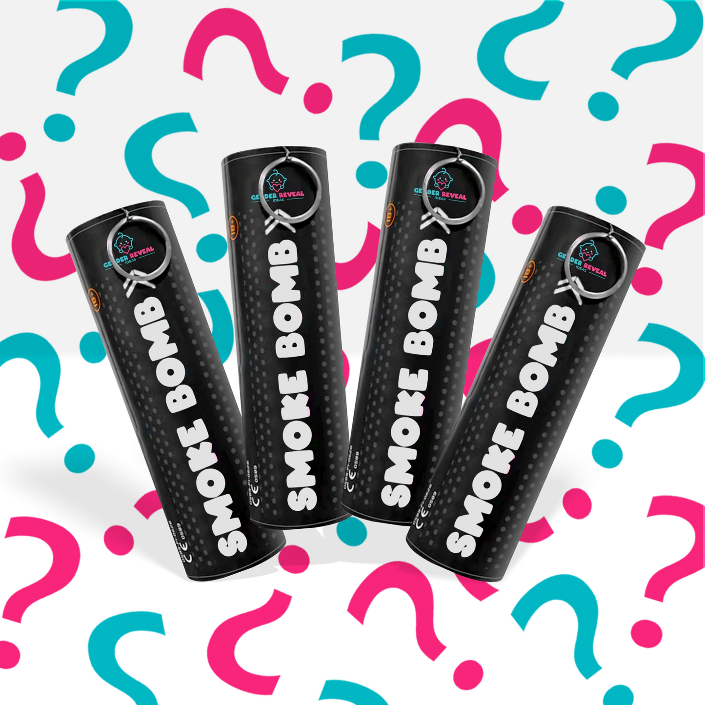 Bundle Pack Extreme Gender Reveal Smoke Bomb with four black smoke bomb canisters against pink and blue question mark background.