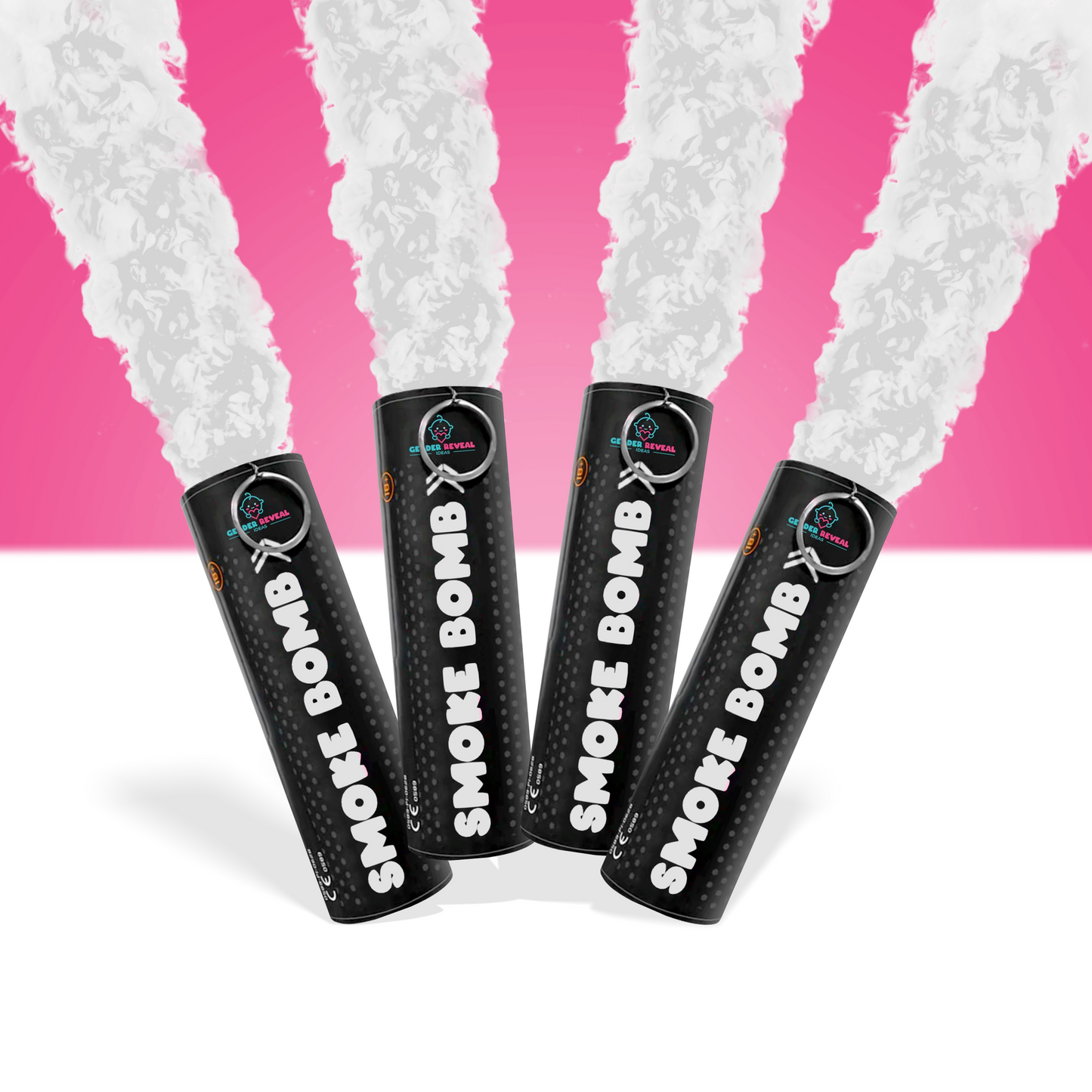 Bundle Pack Extreme Gender Reveal Smoke Bomb showing four black smoke bombs emitting white smoke on a pink background.