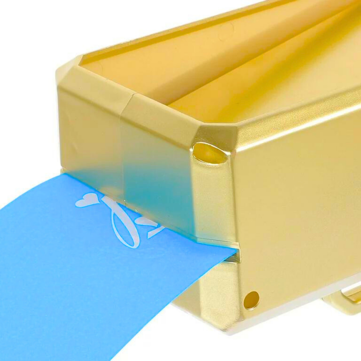 Gender Reveal Electric Card Spray Gun shown in metallic gold finish with a blue reveal card loaded, featuring a sleek rectangular design and card slot for launching celebratory cards into the air at gender reveal parties