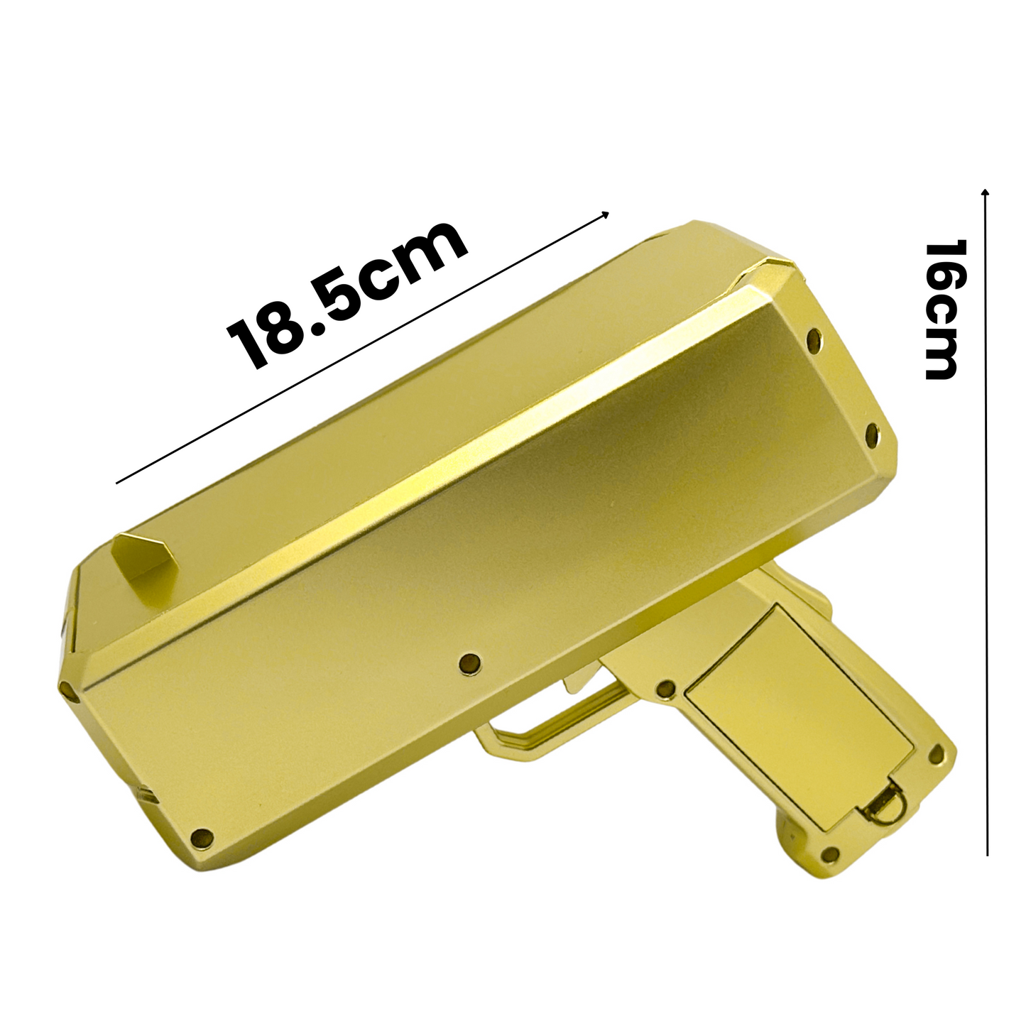 Gender Reveal Electric Card Spray Gun in metallic gold finish, measuring 18.5cm in length and 16cm in height. Handheld device with sleek design featuring a card chamber and trigger mechanism for launching reveal cards into the air at gender reveal celebrations.