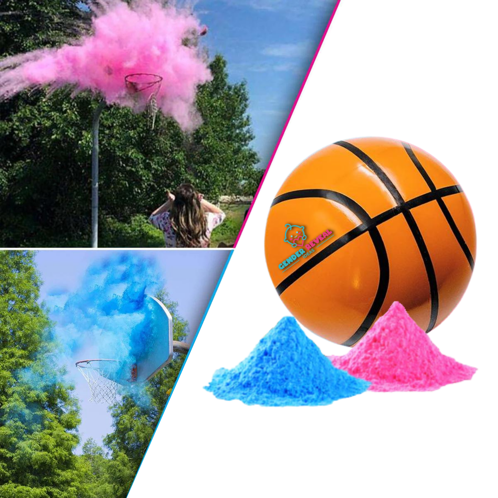 Gender Reveal Basketball shown with pink and blue powder explosions during outdoor basketball shots, alongside product image featuring traditional orange basketball with colored powder piles for gender reveal celebrations.