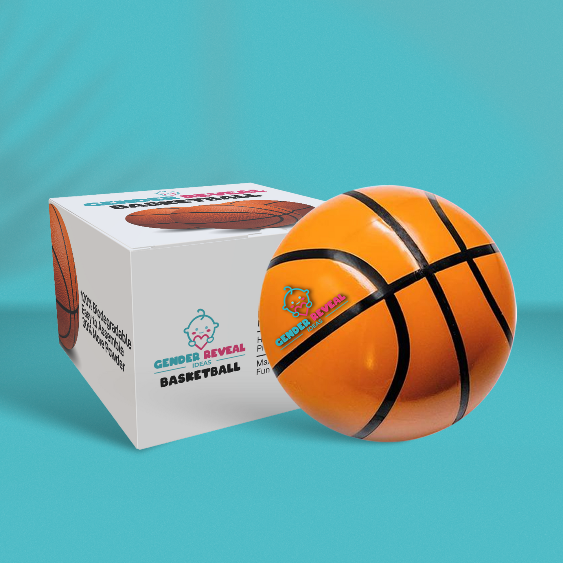 Gender Reveal Basketball shown with product packaging box against turquoise background. Traditional orange basketball with black stripes displayed alongside white retail box featuring basketball-themed graphics and logo.
