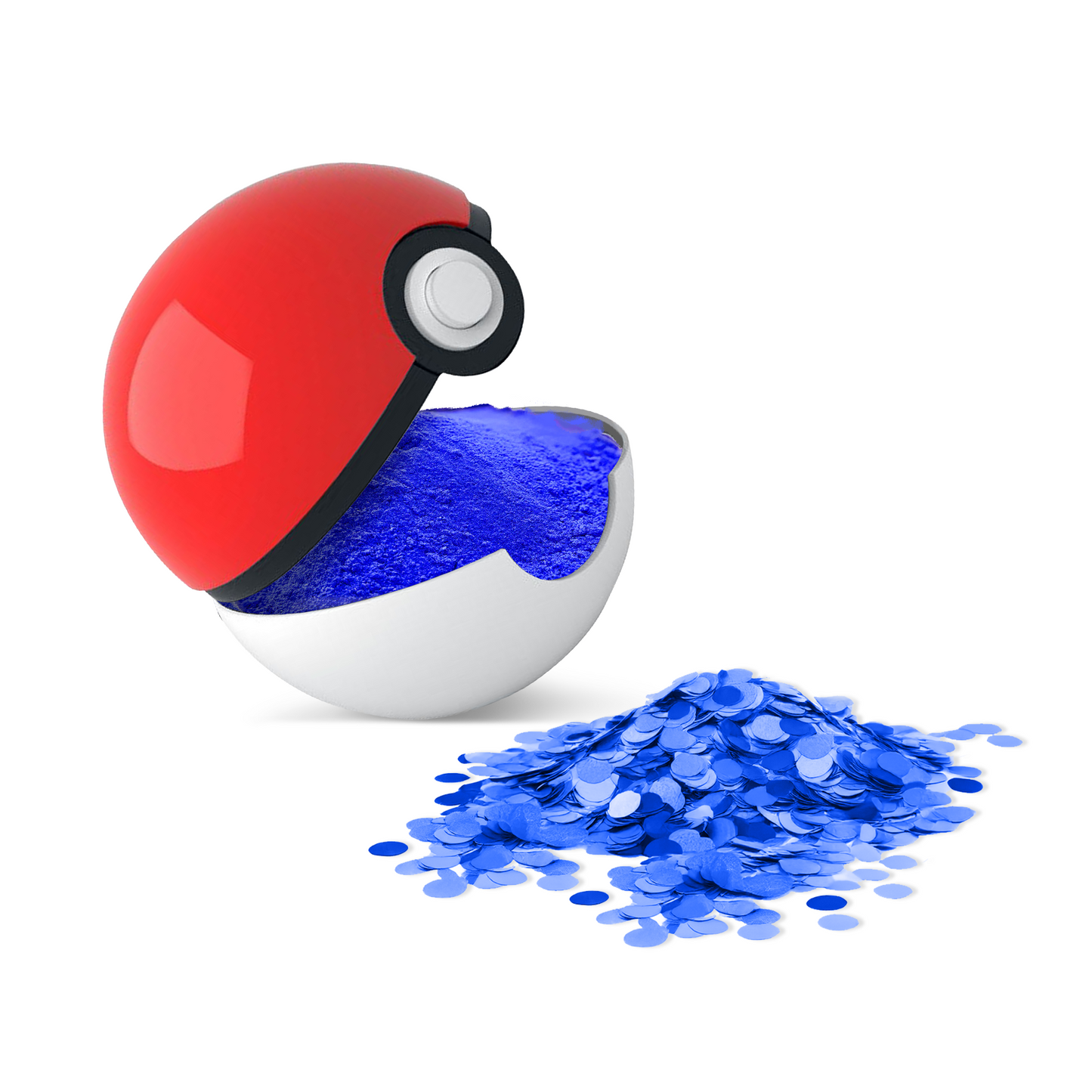 Gender Reveal Poke Ball 2 pack featuring an open red and white ball with bright blue confetti spilling out, displaying the classic Pokemon-inspired design perfect for creative gender reveal celebrations, shown against a white background