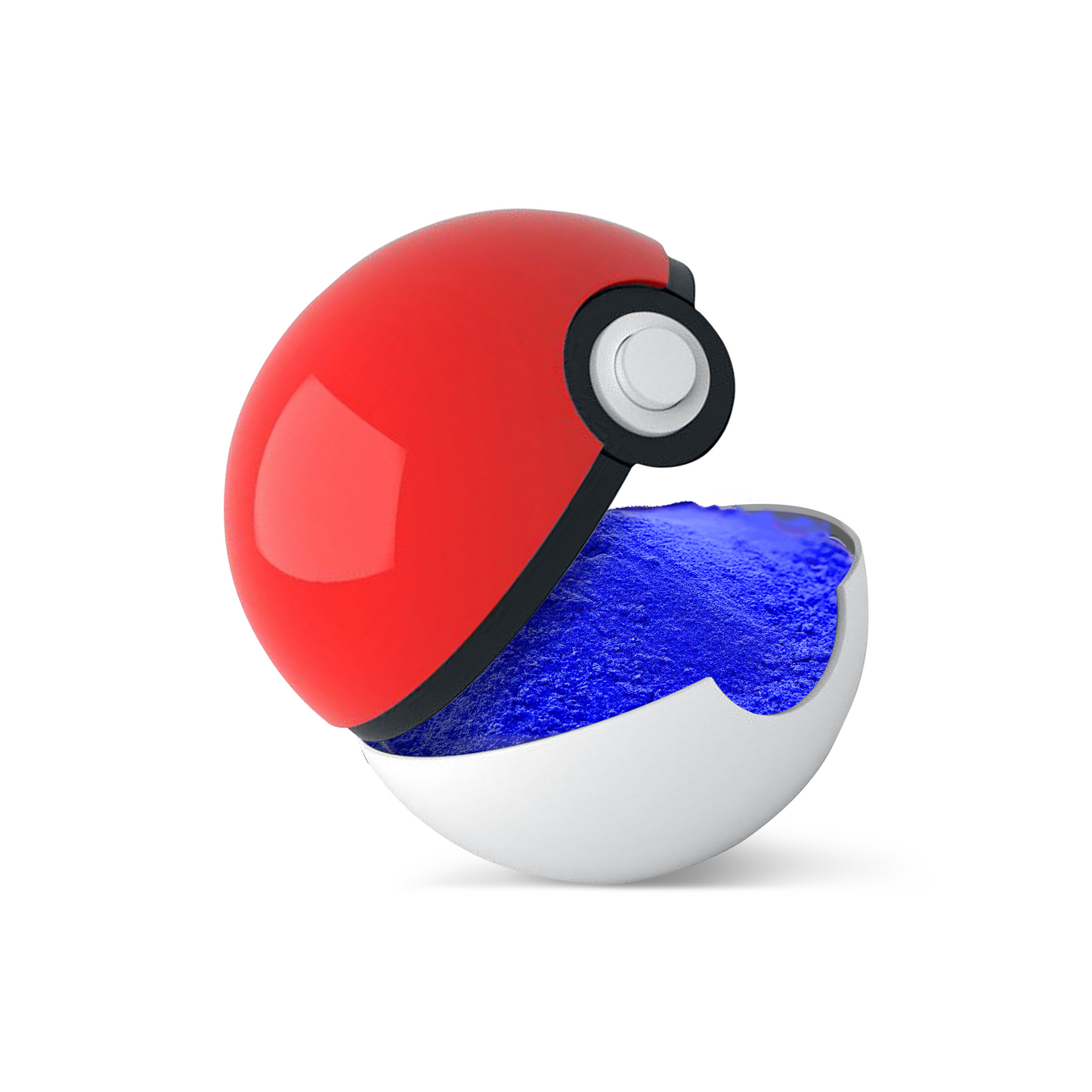 Gender Reveal Poke Ball 2 pack: An opened red and white Poke Ball showing bright blue powder inside, featuring classic Pokemon ball design with black band and white button detail on glossy spherical surface