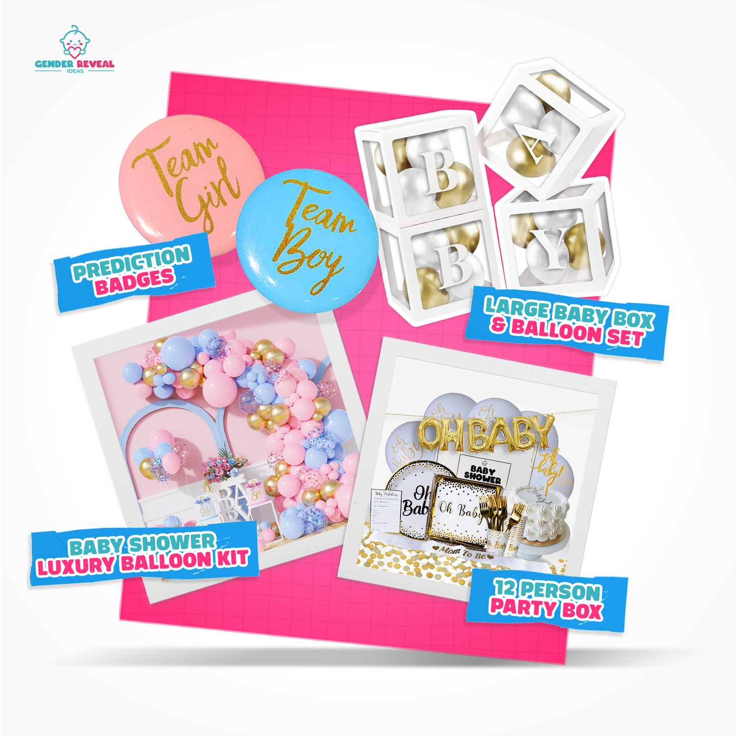 Value Gender Reveal Decoration Set featuring prediction badges, balloon kits, and party boxes for baby shower celebrations