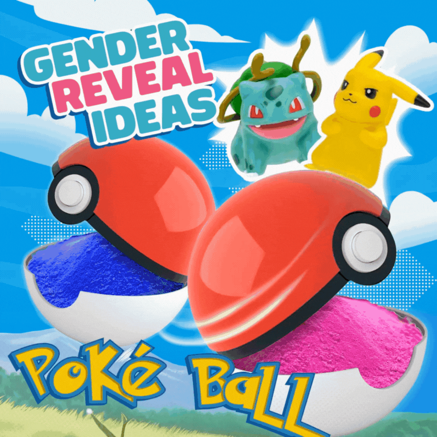 Gender Reveal Poké Ball 2 pack showing open Poké Balls with blue and pink powder and Pokémon figurines.