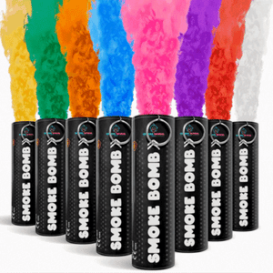 Gender Reveal Smoke Bombs in various vibrant colors releasing thick smoke for gender reveal celebrations.