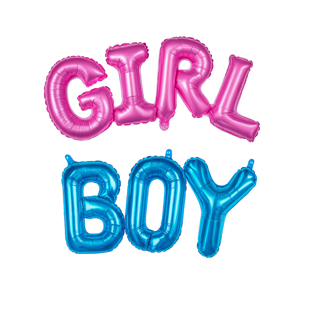 BOY/ GIRL Foil Air Fill Gender Reveal Balloons in pink and blue, perfect for gender reveal parties.