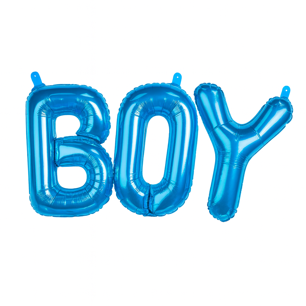 BOY/ GIRL Foil Air Fill Gender Reveal Balloons spelling "BOY" in shiny blue foil for gender reveal parties.