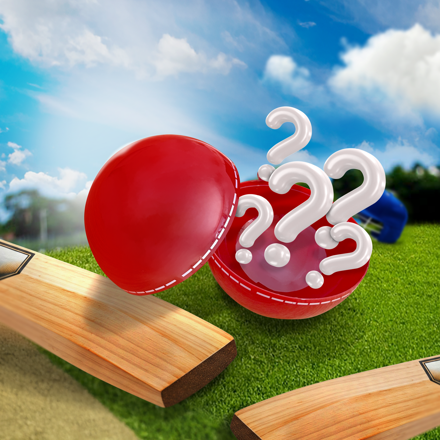 Gender reveal cricket ball with question marks on grass field, wooden bats ready for the big announcement
