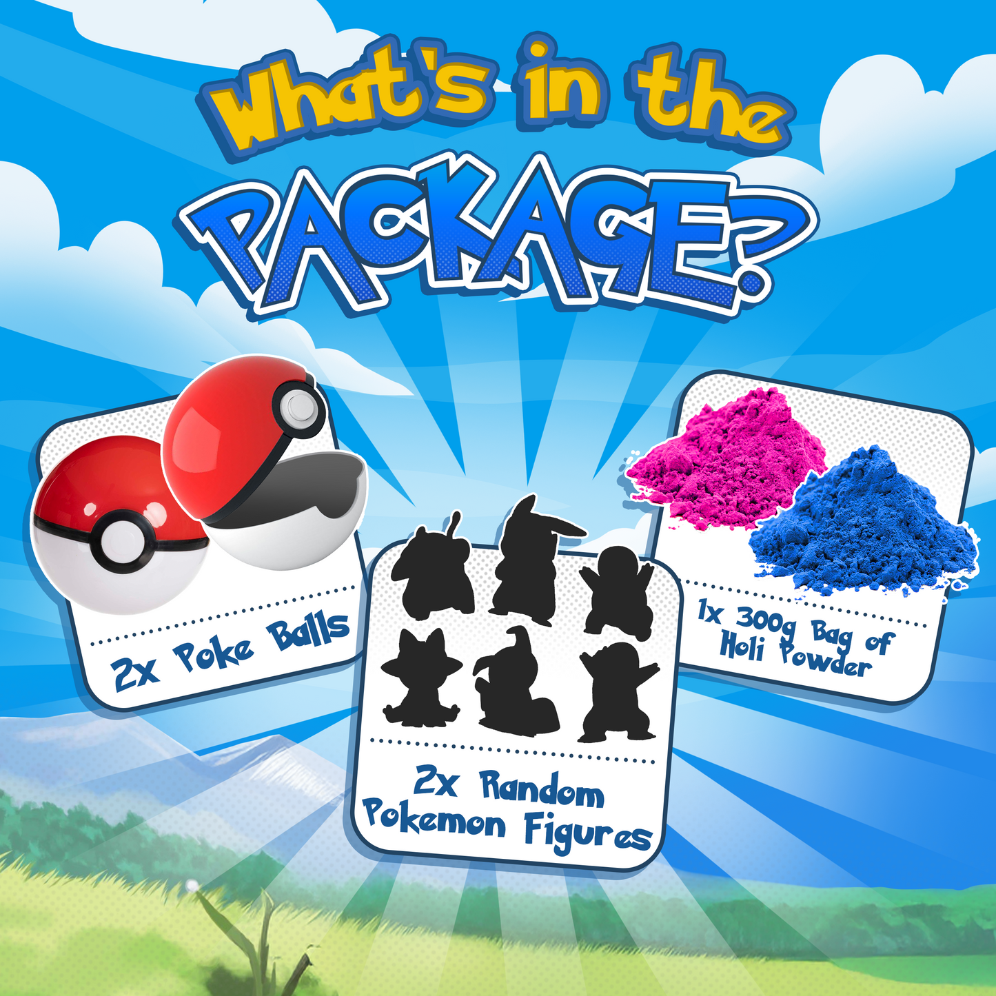 Gender Reveal Poke Ball 2 pack package contents illustration showing two red and white Poke Balls, mystery Pokemon figures silhouettes, and pink and blue powder bags against a bright blue sky background with sunburst effect