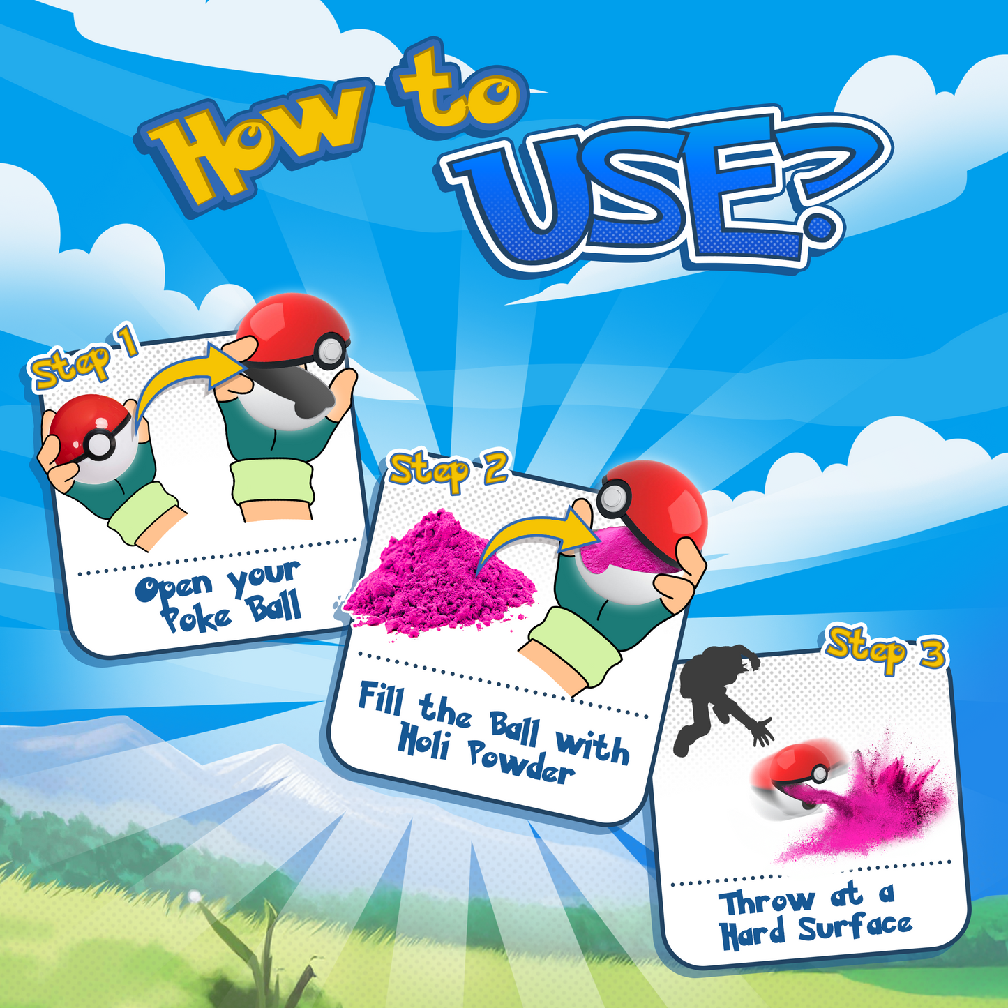 Gender Reveal Poke Ball 2 pack instruction guide showing three steps: opening the ball, filling with colored powder, and throwing against a surface for reveal. Bright blue background with cartoon-style illustrations demonstrating proper usage of the gender reveal Pokemon-inspired product.