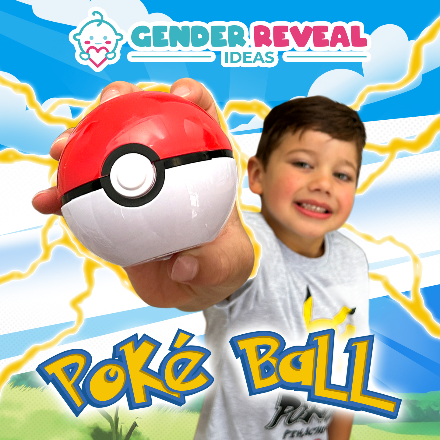Gender Reveal Poke Ball 2 pack: A red and white Poke Ball held up against a bright blue sky background with yellow lightning bolts, showing scale and size of the product. Decorative text and graphics complete the playful Pokemon-themed design.