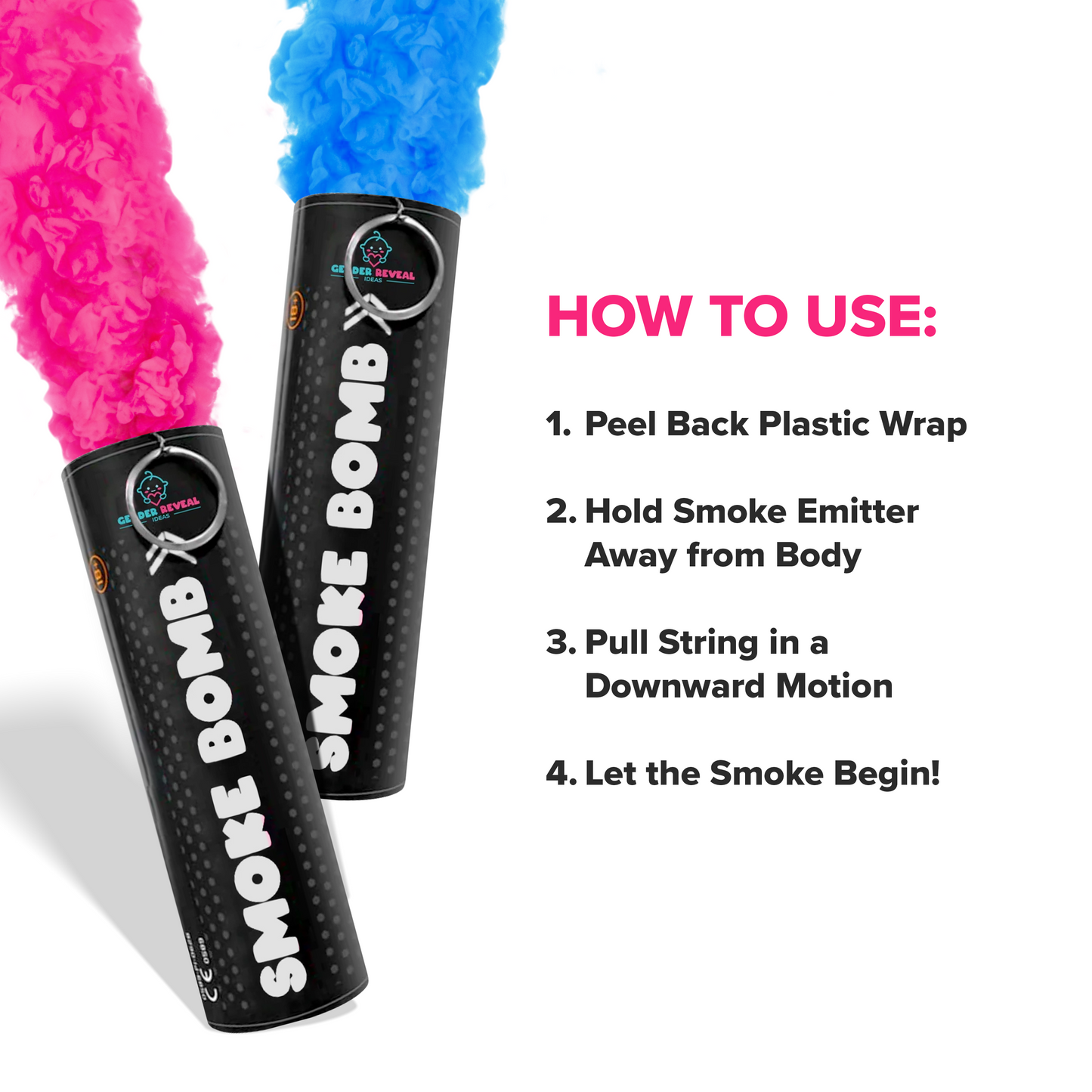 Gender Reveal Smoke Bombs showing pink and blue smoke with step-by-step pull string activation instructions.