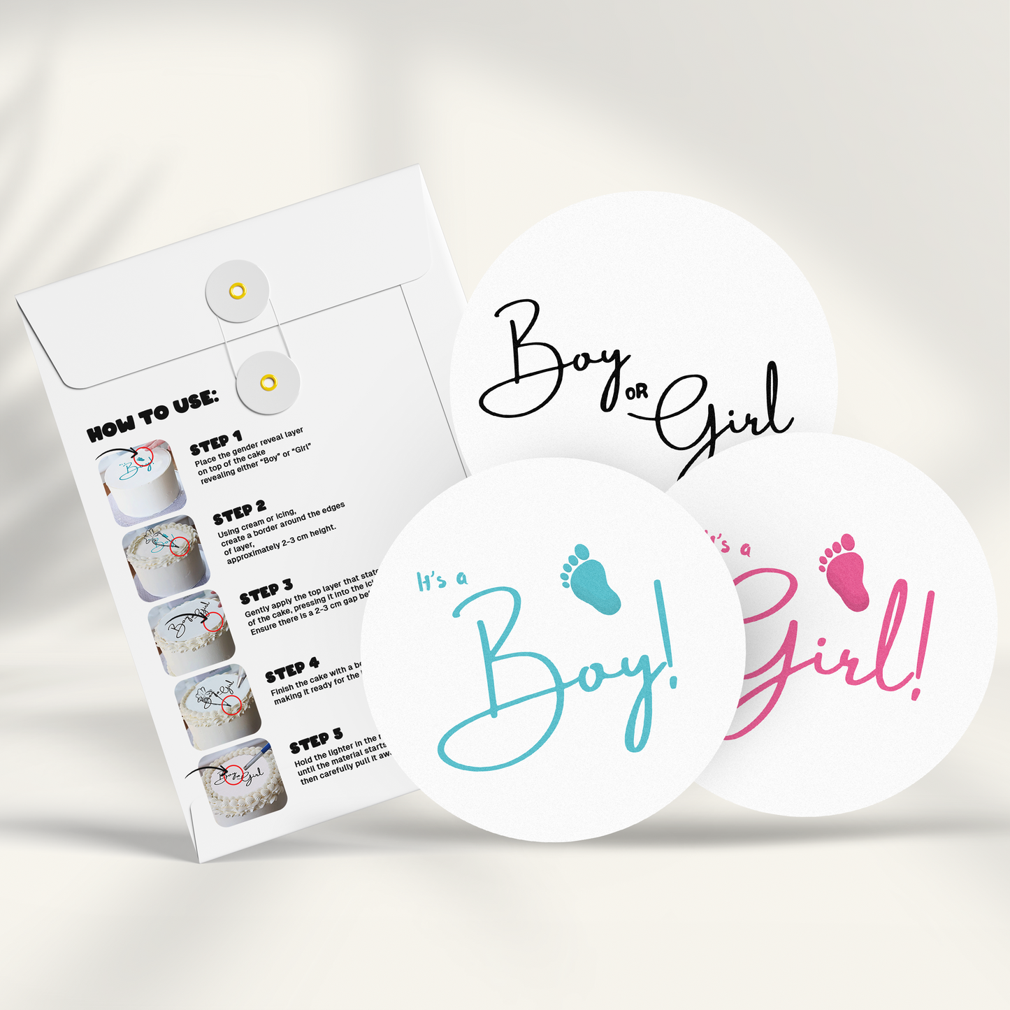 6" Viral Burn Away Cake Topper Kit featuring three round white discs with gender reveal designs - "Boy or Girl" text in black script, "It's a Boy!" in blue with footprints, and "Girl!" in pink with footprints, alongside an instructional guide showing step-by-step cake decoration process.