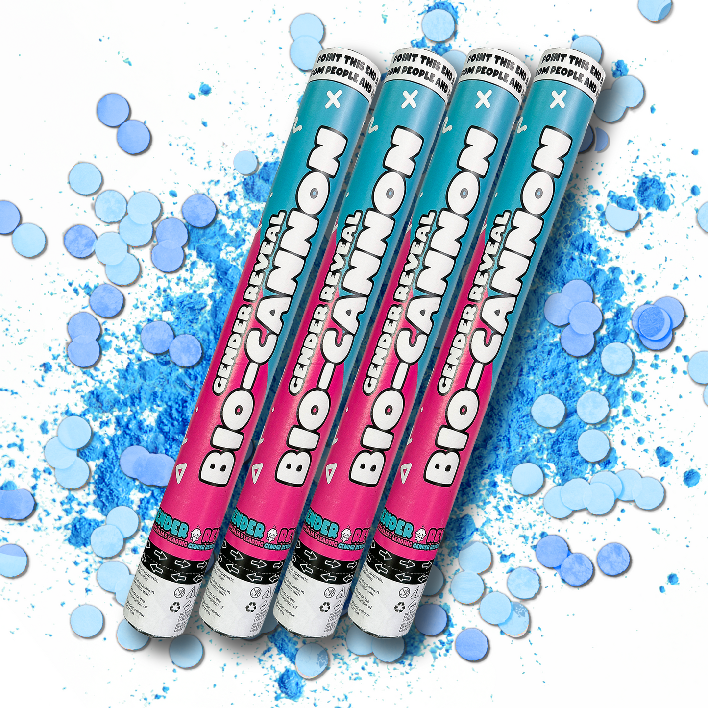 Mega Reveal Gender Party Bundle featuring four pink and blue bio-cannon confetti tubes arranged diagonally against a vibrant background of scattered blue powder and circular bokeh effects, creating a festive and celebratory atmosphere for gender reveal celebrations