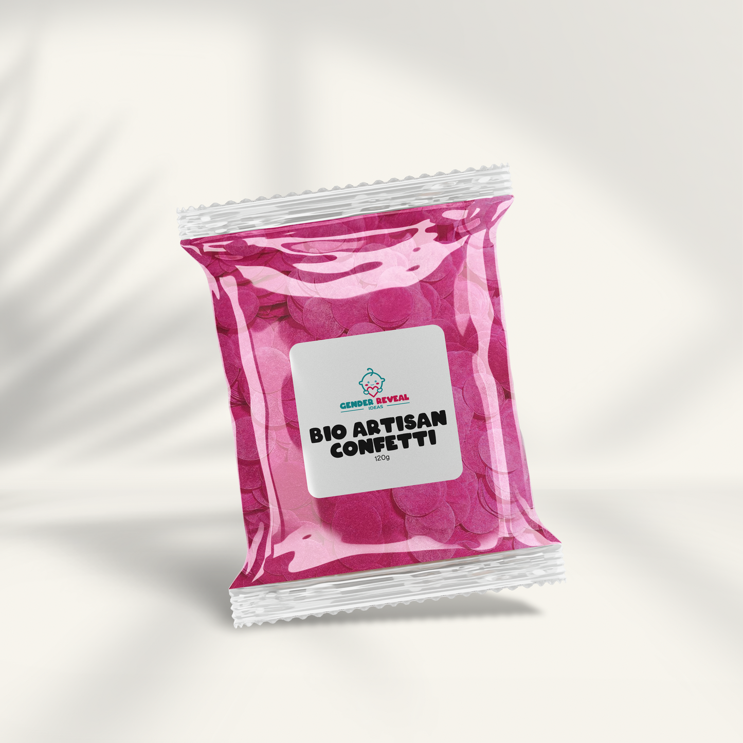 120g BIO Gender Reveal Confetti - Artisan package displayed in a shiny pink metallic pouch with white label, showcasing eco-friendly biodegradable confetti for sustainable celebrations, photographed on white background with subtle shadow details