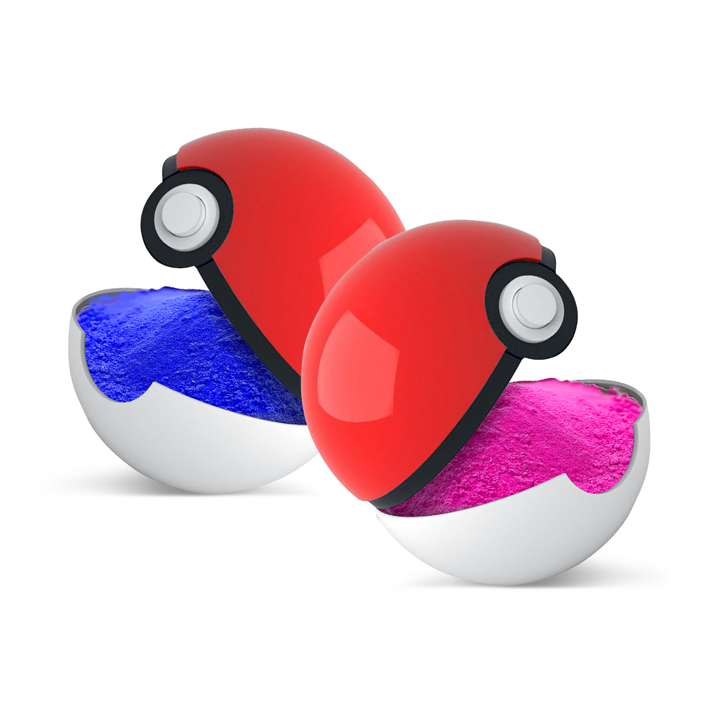 Gender Reveal Poke Ball 2 pack featuring two red and white balls opened to reveal bright blue and pink powder inside, styled after classic Pokemon capture devices, perfect for creative gender reveal celebrations