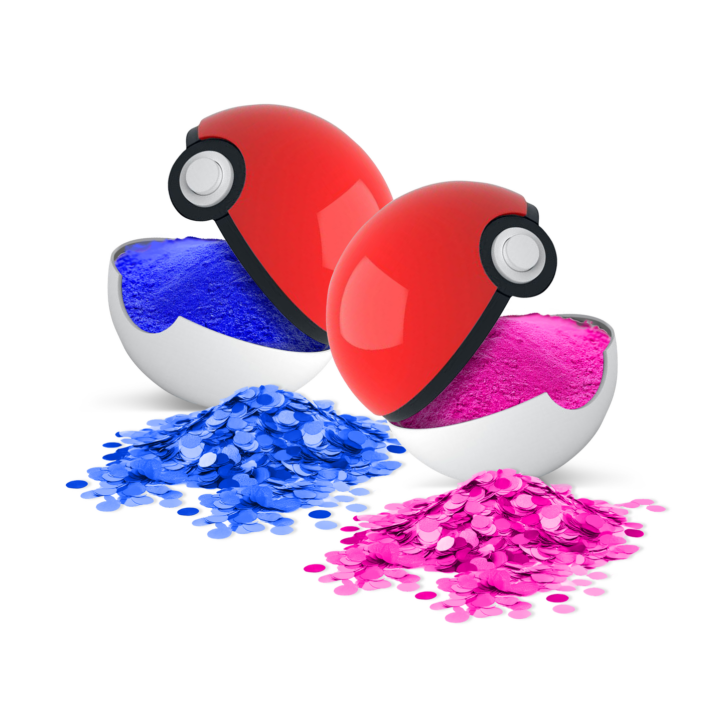 Gender Reveal Poke Ball 2 pack featuring two red and white Poke Ball containers with blue and pink confetti spilling out, displaying traditional gender reveal colors against a white background, perfect for Pokemon-themed gender reveal celebrations.