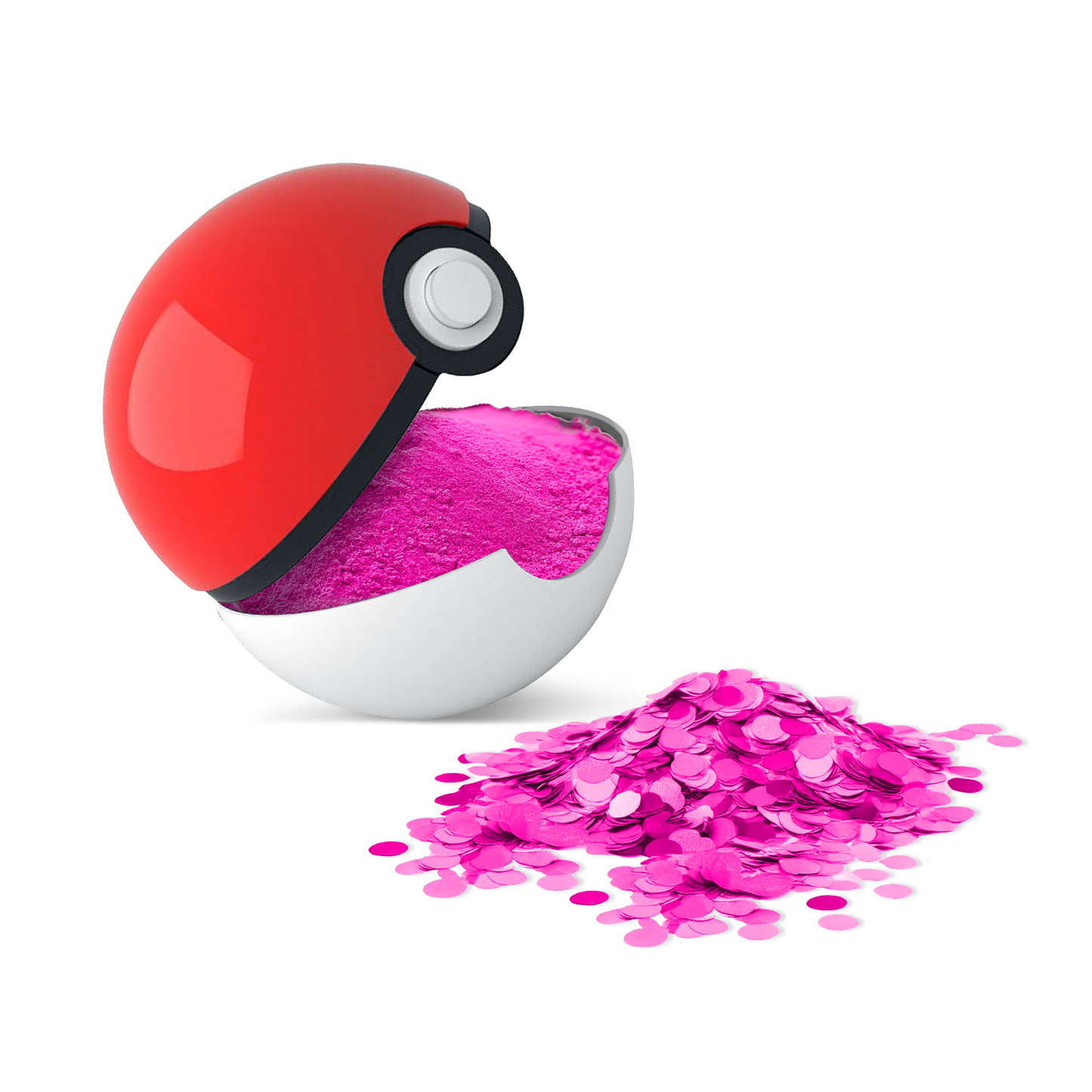 Gender Reveal Poke Ball 2 pack featuring an opened red and white Poke Ball with bright pink confetti spilling out onto a white surface, showcasing a creative gender reveal party accessory inspired by Pokemon.