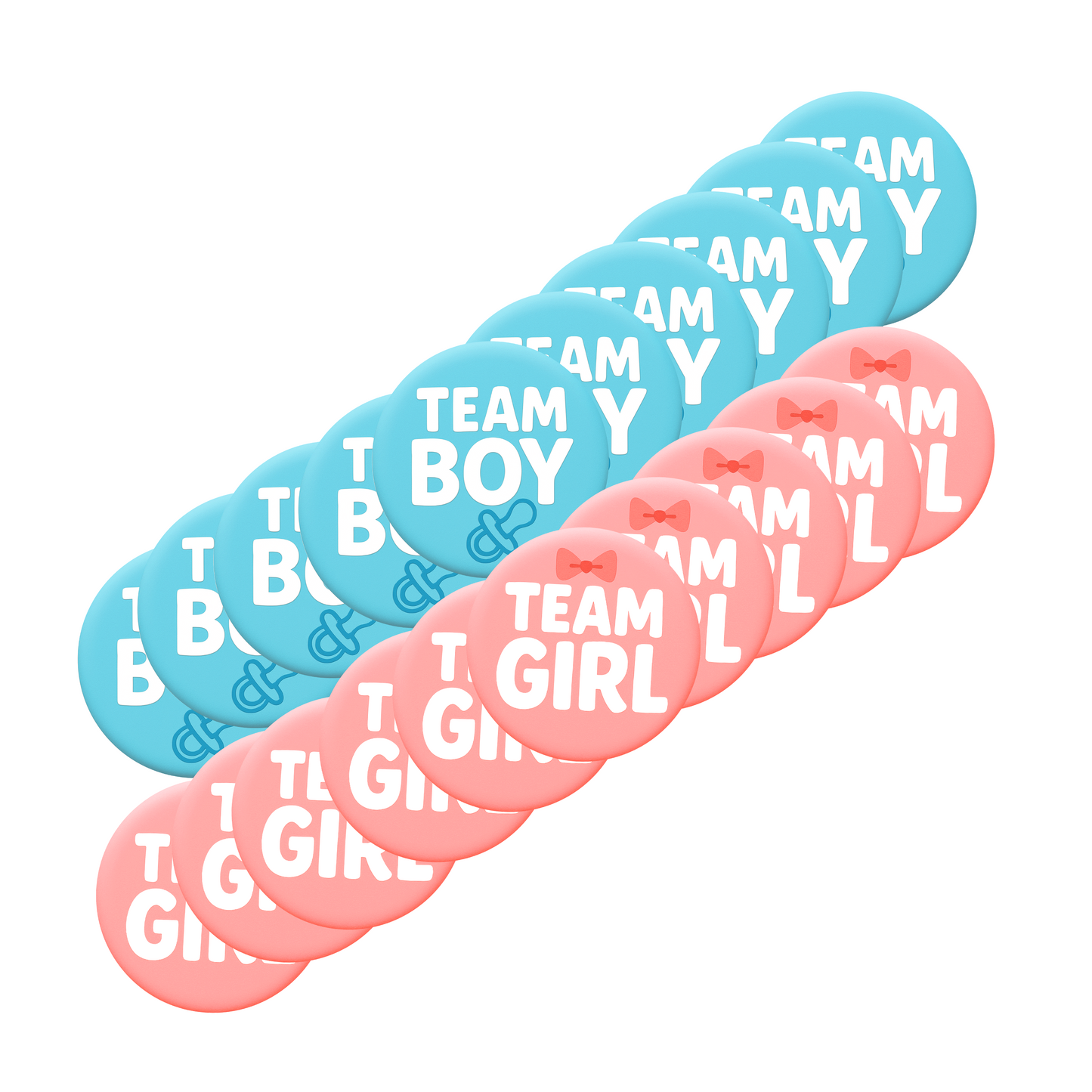 Boutique Custom Gender Reveal Party Badges 20 Pack with blue Team Boy and pink Team Girl designs for gender reveal parties.
