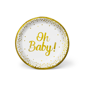 Oh Baby Gender Reveal Baby Shower Plates white with gold foil confetti and "Oh Baby" text biodegradable and elegant design