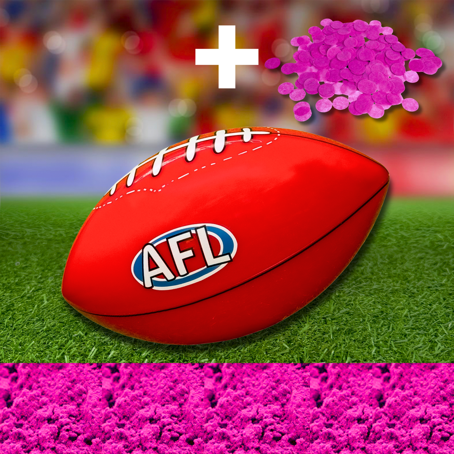 Sports Gender Reveal AFL Ball featuring a red Australian Rules football on green grass with bright pink powder confetti, perfect for unique sports-themed gender reveal celebrations. AFL logo visible on authentic football design.