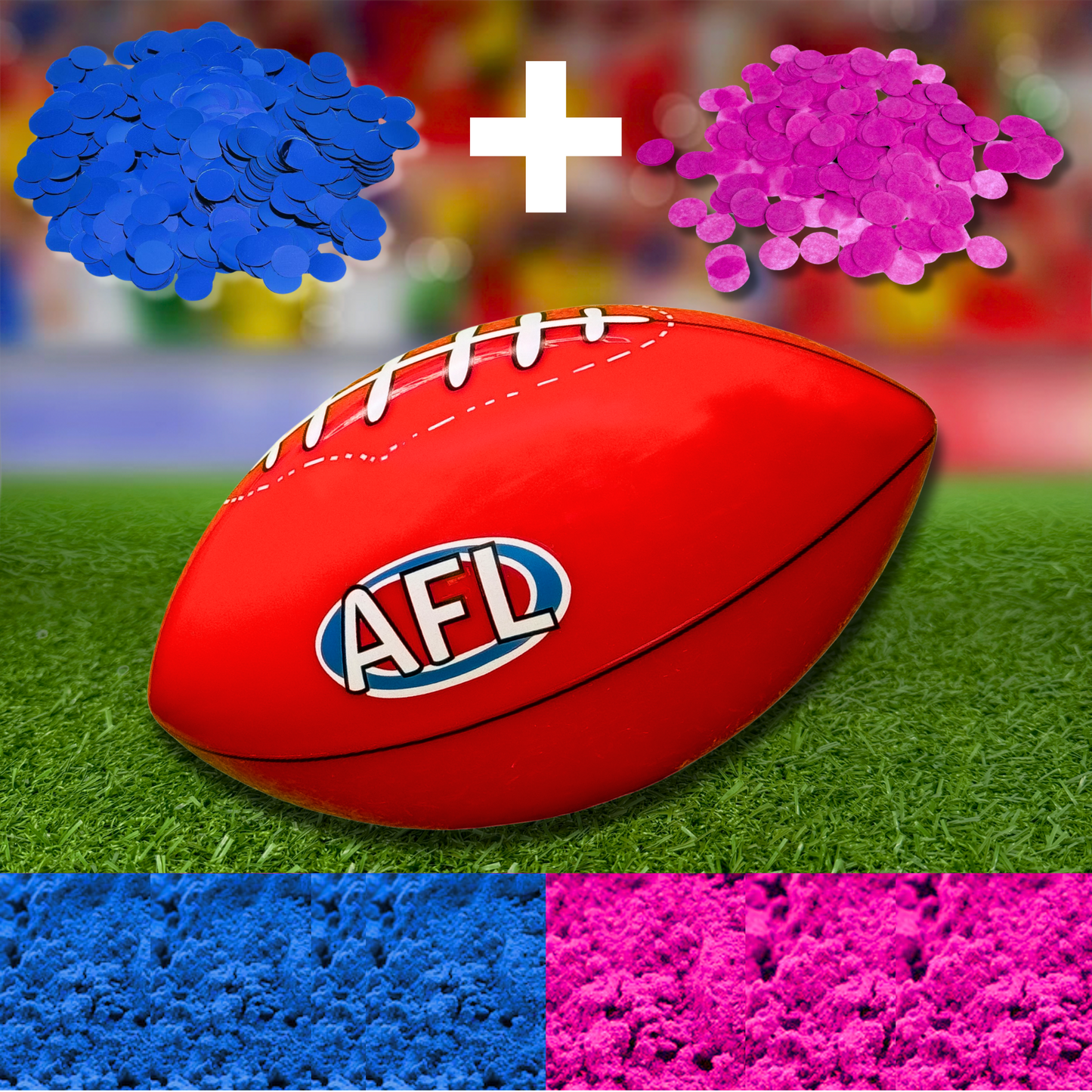 Sports Gender Reveal AFL Ball featuring a traditional red AFL football on grass with blue and pink confetti powder piles, perfect for Australian-style gender reveal celebrations
