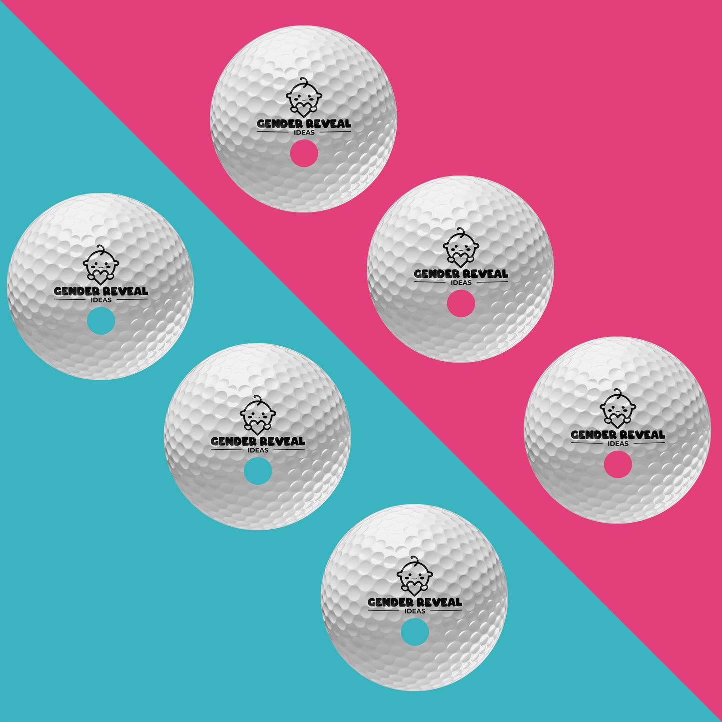 Gender Reveal Golf Balls arranged diagonally on pink and turquoise background, featuring white balls with baby logo and colored dots, showcasing both pink and blue options for gender reveal celebrations