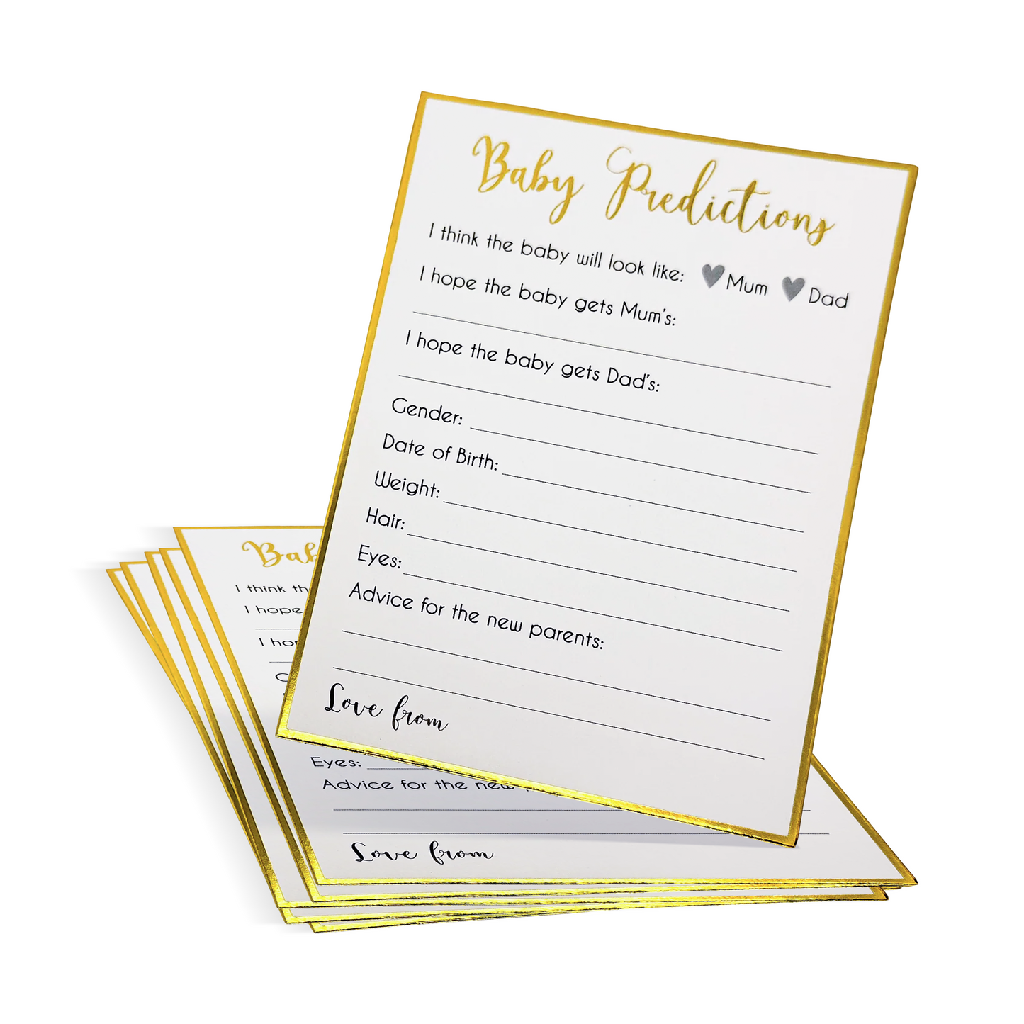 Gender Reveal/ Baby Shower Prediction Cards white with gold trim for guest baby gender and name guesses