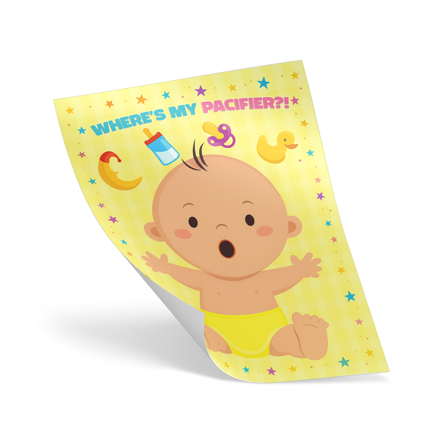 Gender Reveal Pin The Dummy Game featuring a baby graphic with pacifier and playful yellow background design.