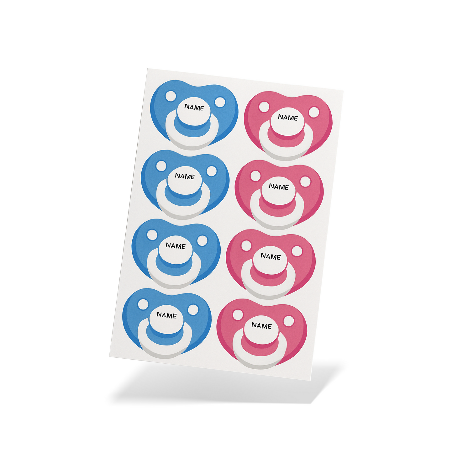 Gender Reveal Pin The Dummy Game blue and pink pacifier cutouts for party guests to pin on baby image.