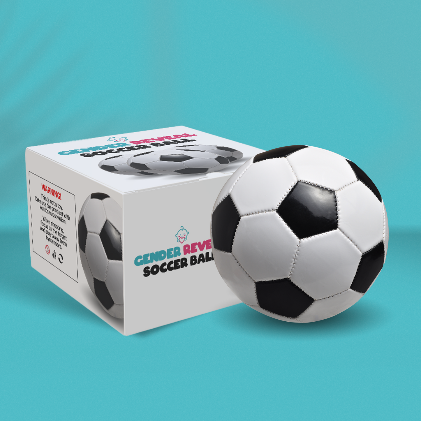 Sports Gender Reveal Soccer Ball displayed with product packaging box against turquoise background. Classic black and white soccer ball next to white retail box featuring soccer ball design and pink and blue text.