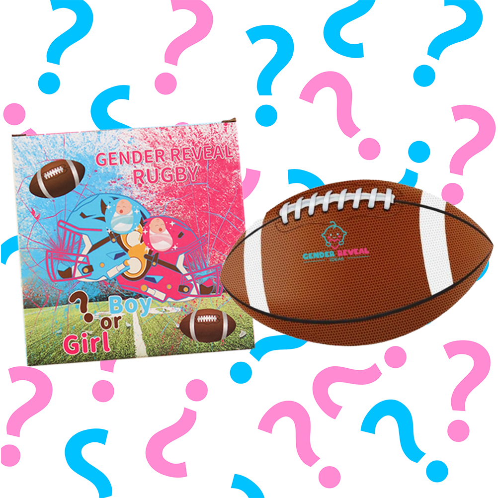 Sports Gender Reveal NFL Ball featuring brown leather football with white laces alongside gender reveal packaging, surrounded by pink and blue question marks. Product shown with colorful announcement card displaying cheerful baby-themed illustration.