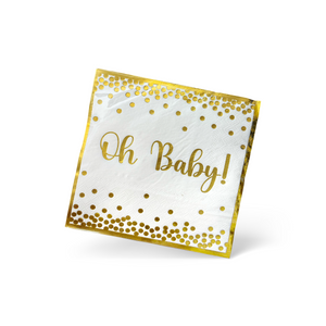Oh Baby Gender Reveal Baby Shower Napkins white with gold confetti and lettering for elegant celebrations