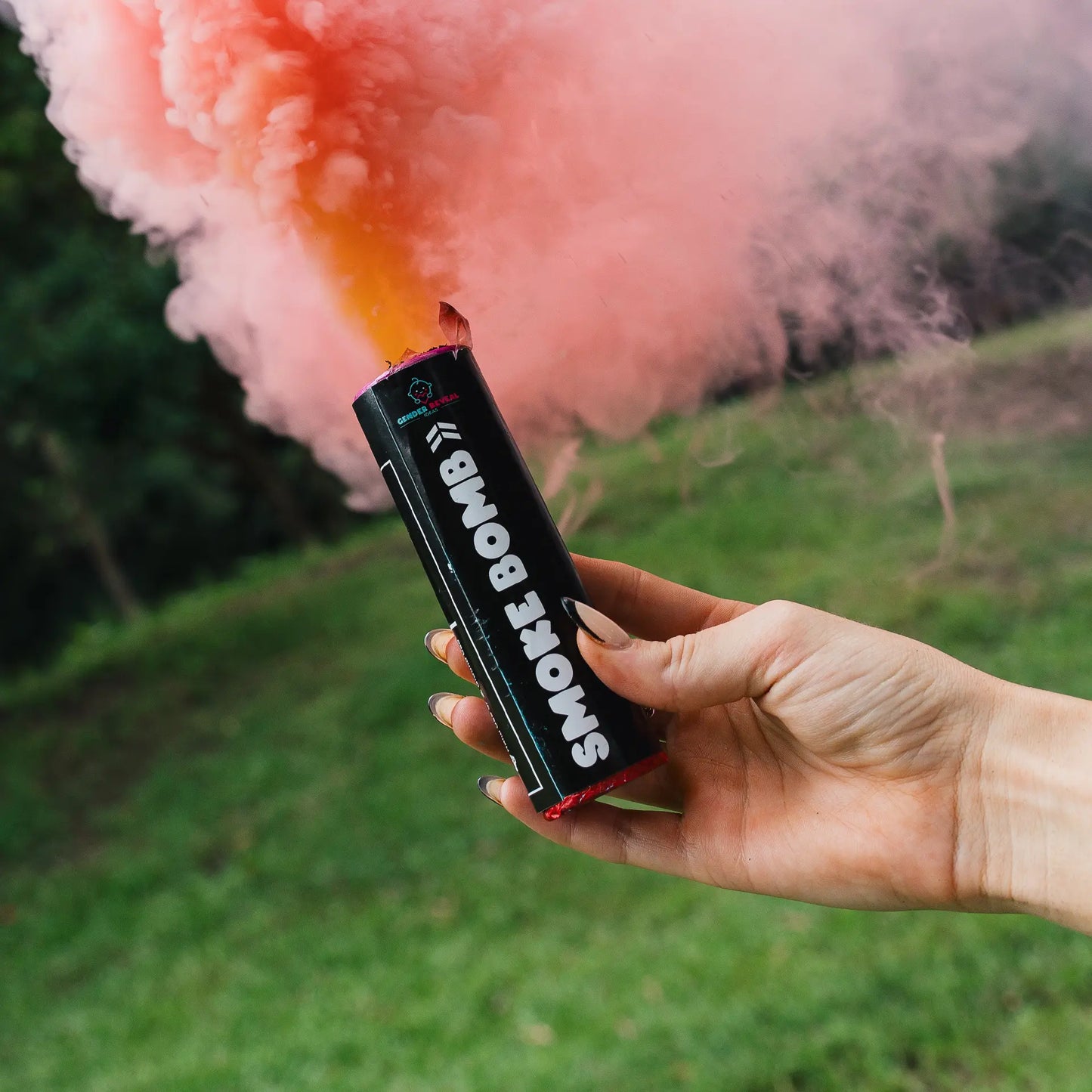 Hand holding a Gender Reveal Smoke Bomb emitting vibrant pink smoke outdoors in a green park setting.