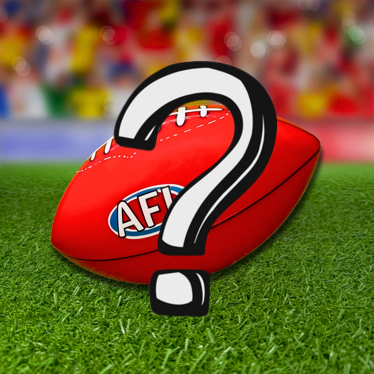 Sports Gender Reveal AFL Ball featuring a red Australian Rules football with a white question mark design, positioned on synthetic grass with a colorful bokeh background, perfect for AFL-themed gender reveal celebrations.