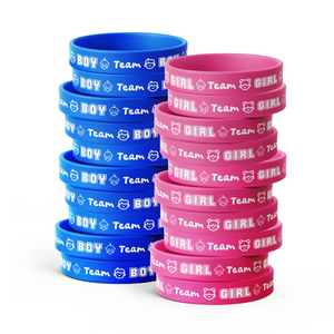 Custom Gender Reveal Party Wrist Bands 20 Pack in blue and pink for Team Boy and Team Girl predictions.