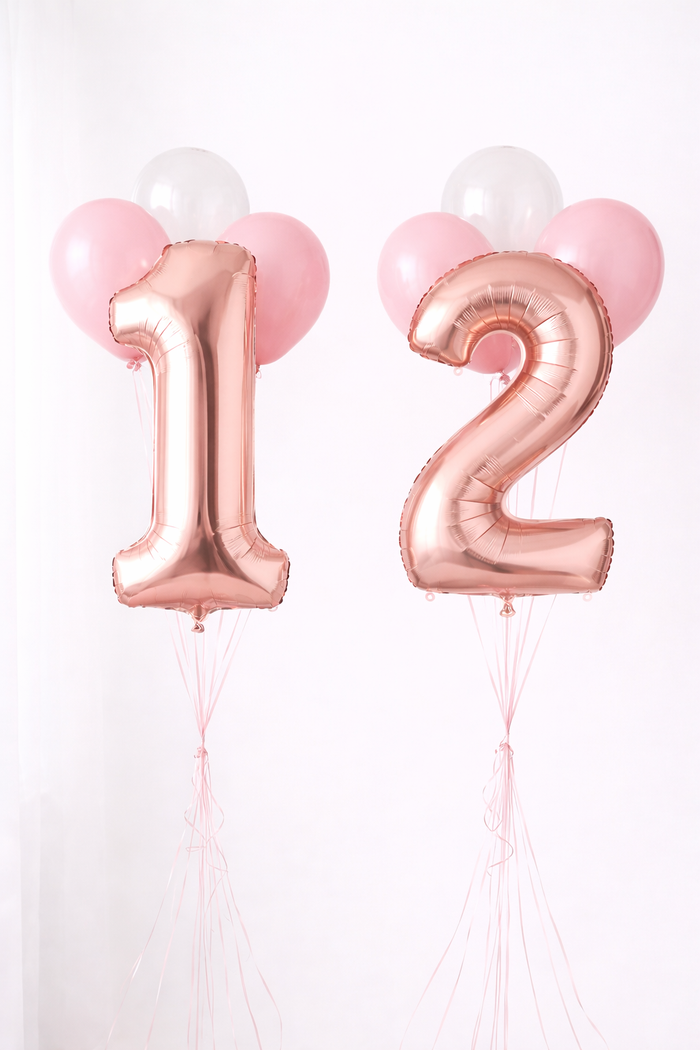 Double rose gold numbers with 8 latex balloons, 4 around each number