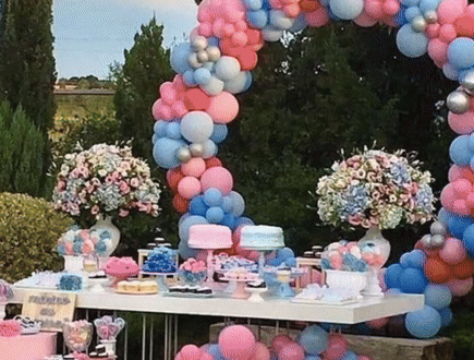 148 Piece Universal Gender Reveal Balloon Kit displayed in outdoor setting featuring elegant balloon arch in pink and blue colors, decorating dessert table with floral arrangements. Balloon garland frames party setup with coordinated pink and blue party supplies and treats.